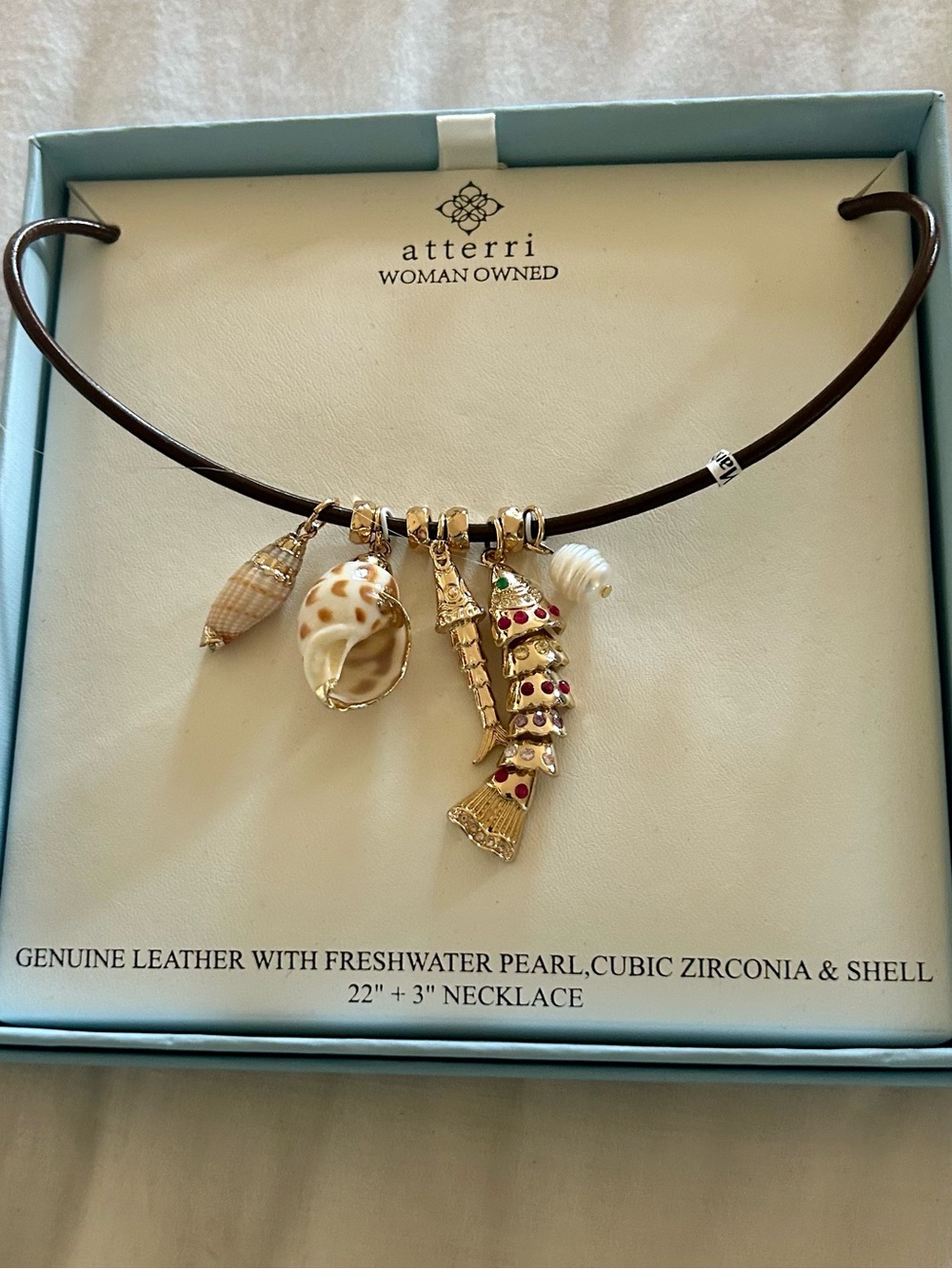 Atterri Coastal Chic Leather Necklace - Brown with Gold & Pearl Accents - Picture 12 of 13